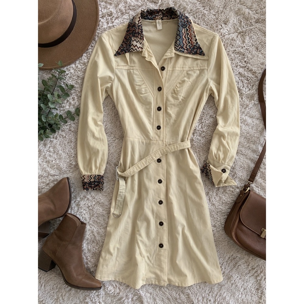 Vintage Cream Corduroy Shirt Dress Geometric Pattern Collar Cuffs Belted 70s